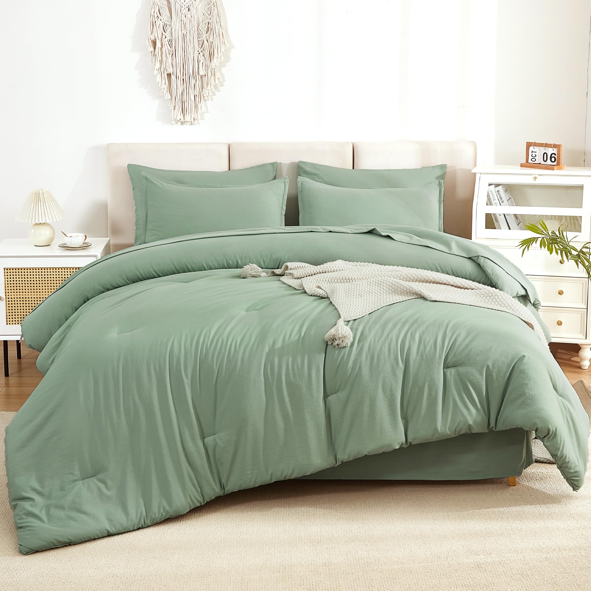 Litanika Comforter Queen Size Set Sage Green - 7 Pieces Bed In A Bag Queen Beddding Comforter Sets, Plain Lightweight Bed Set Wi